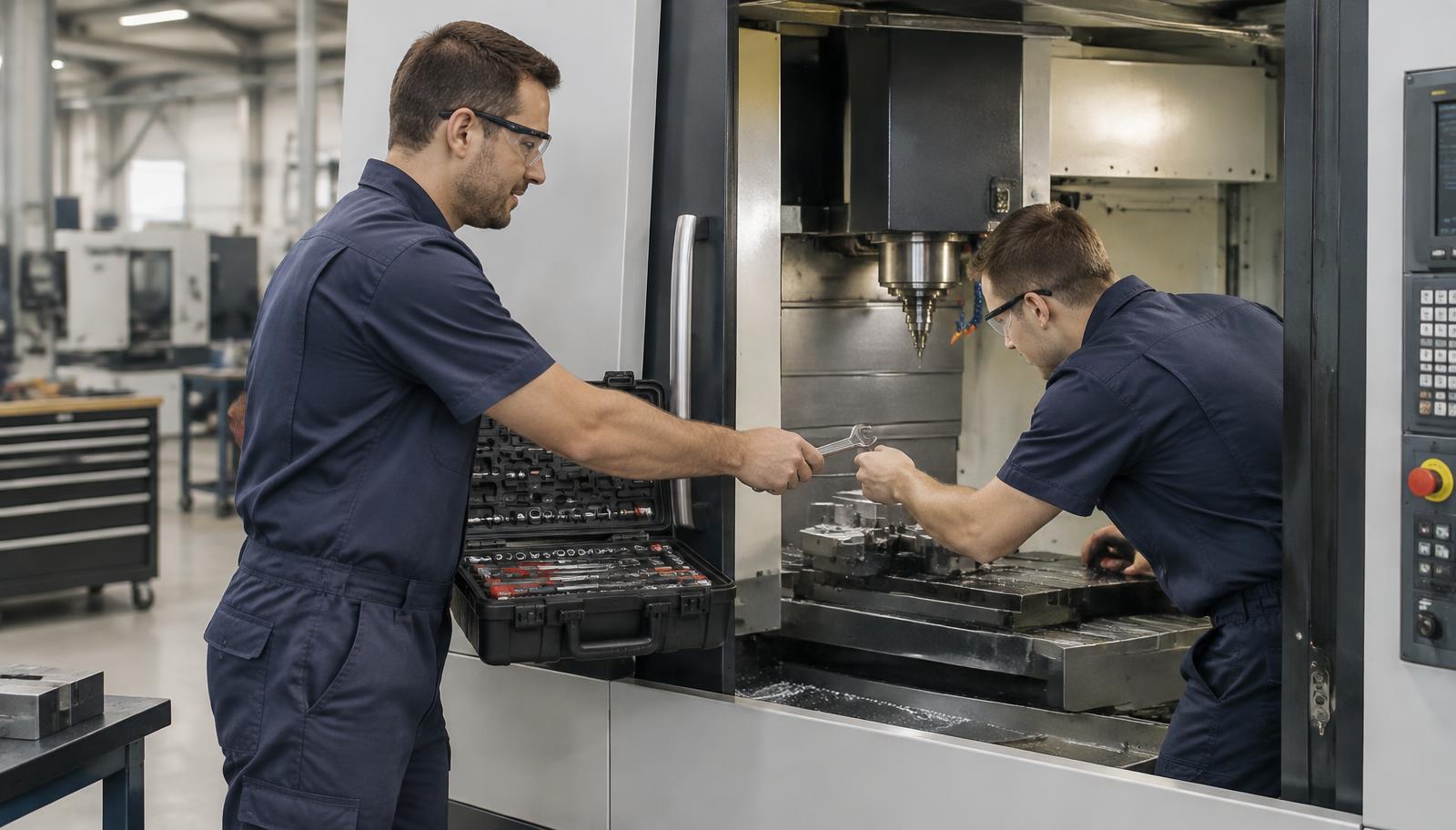 Zwei Techniker warten eine CNC-Fräsmaschine in der Werkstatt