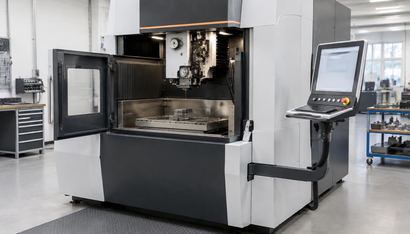 Moderne Drahterodiermaschine im Stil einer CUT 2000 mit geöffnetem Arbeitsbehälter